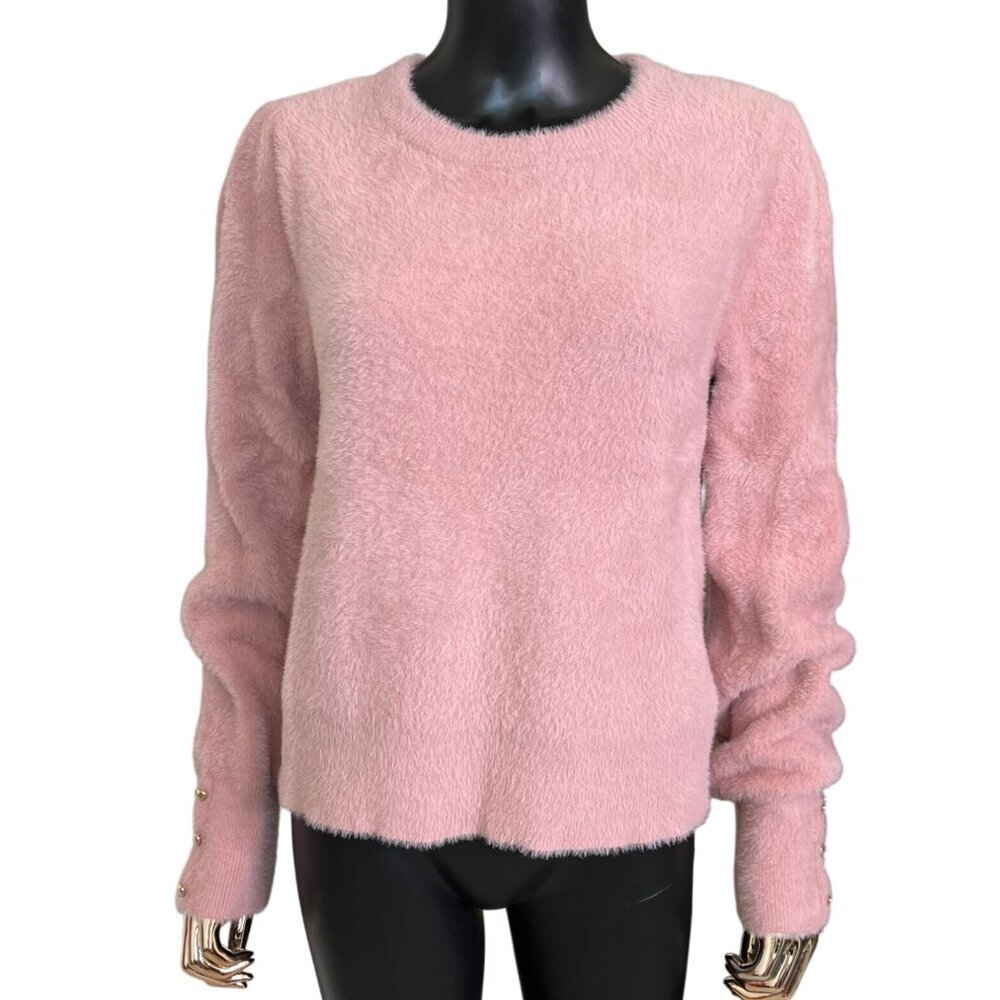 Bailey 44 Pink Fuzzy Sweater Gold Heart Button Cuff Crewneck Size L NWT - Picture 2 of 8